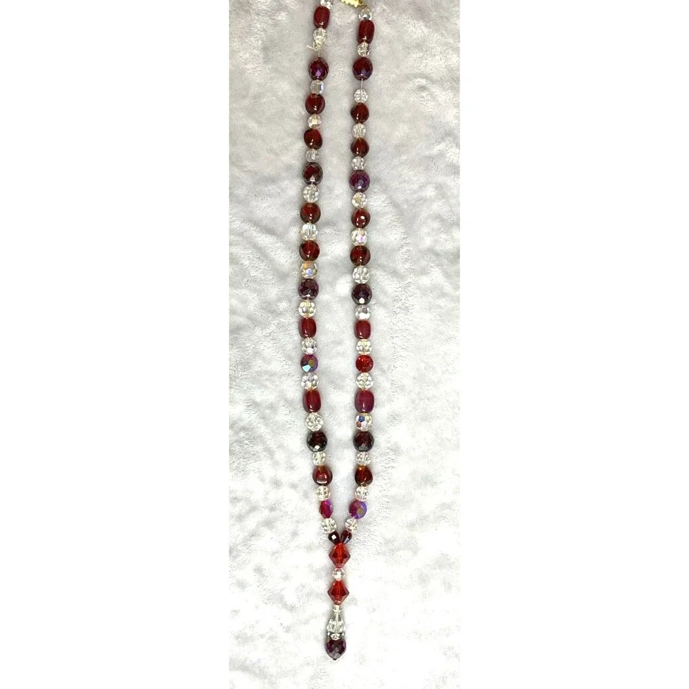 Vintage Red Crystal Beaded Y Drop Necklace Aurora Borealis Mid Century 60s - Picture 3 of 9
